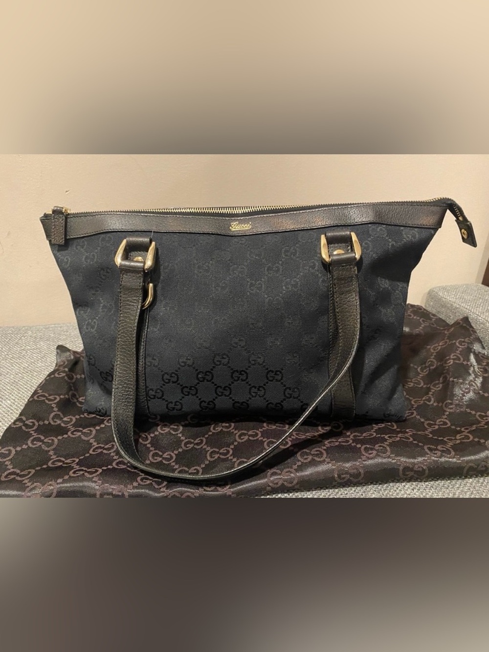 Gucci Black Monogram Shoulder Bag with Gold Hardware